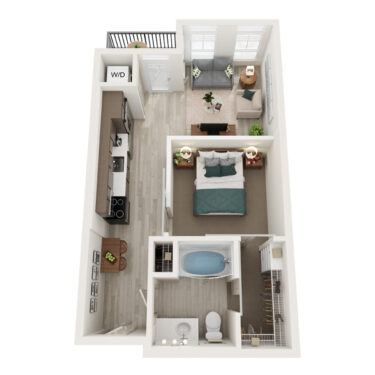 Rendering of the A1 floor plan with 1 bedroom[s] and 1 bathroom[s] at Element 79