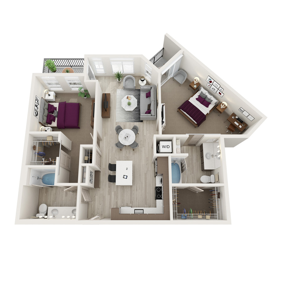Rendering of the B2 floor plan with 2 bedroom[s] and 2 bathroom[s] at Element 79