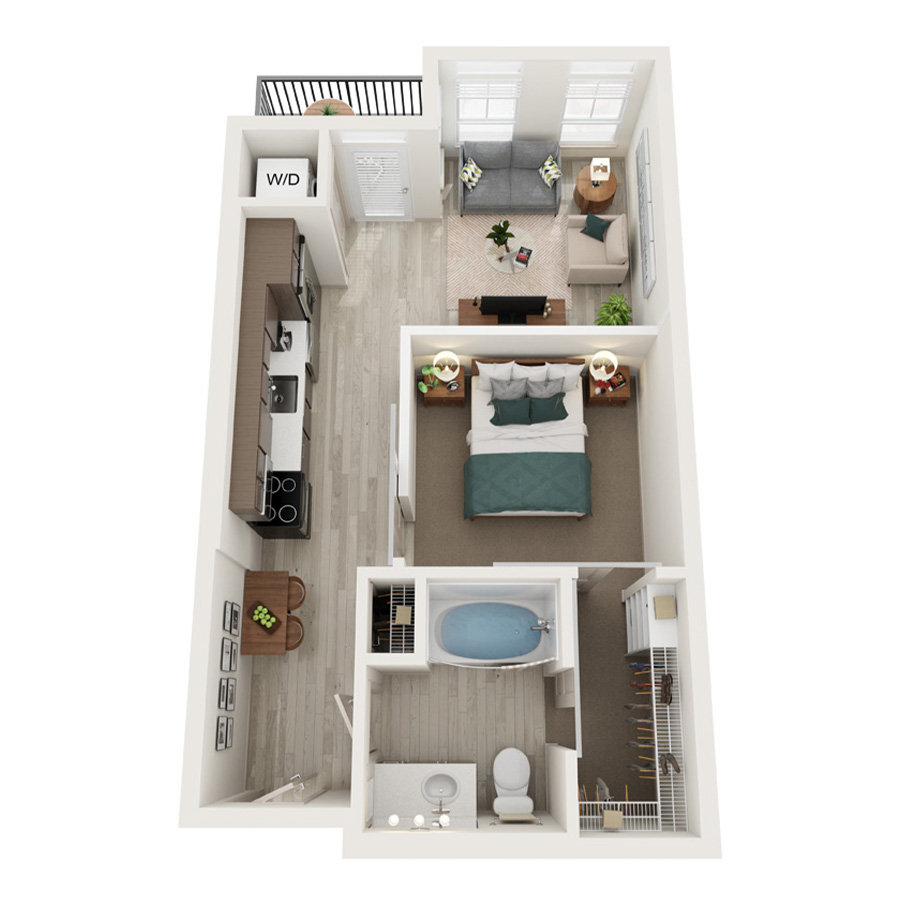Rendering of the A1 floor plan with 1 bedroom[s] and 1 bathroom[s] at Element 79