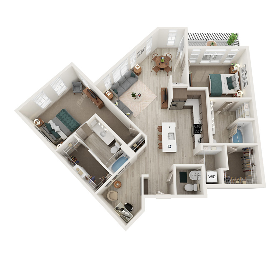Rendering of the B4 floor plan with 2 bedroom[s] and 2 bathroom[s] at Element 79