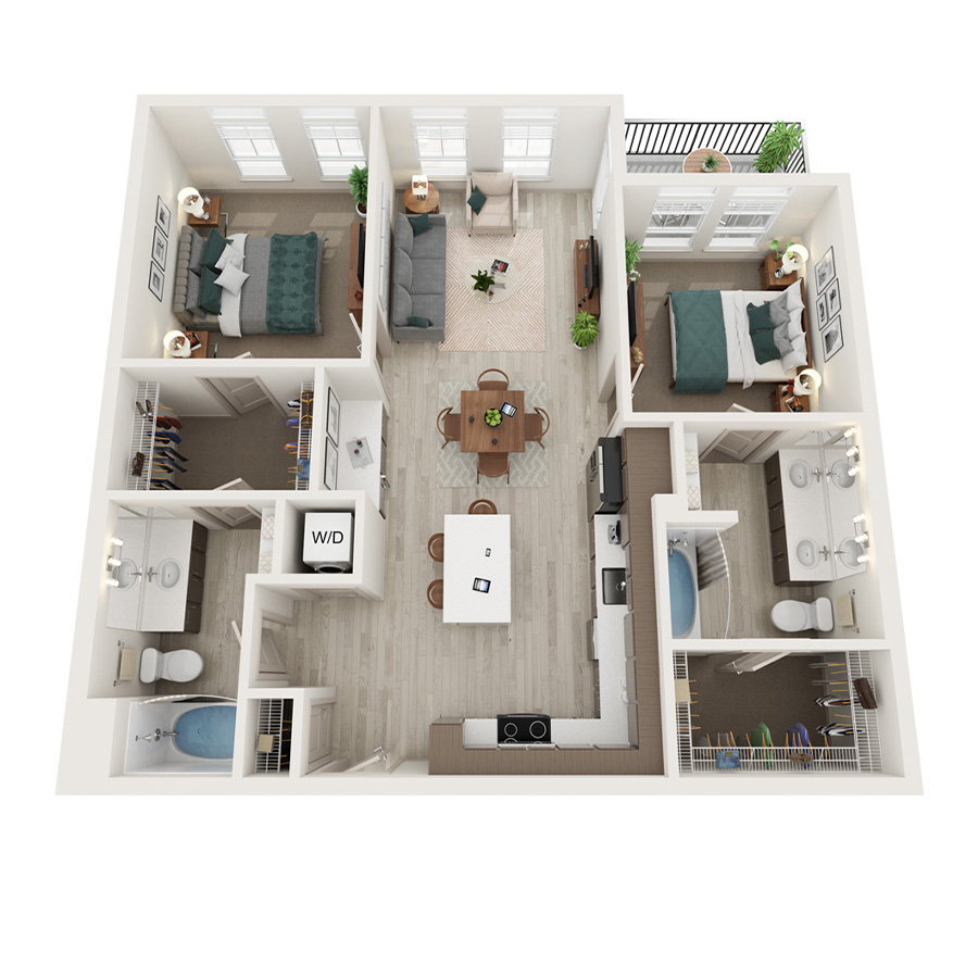 Rendering of the B1 floor plan with 2 bedroom[s] and 2 bathroom[s] at Element 79